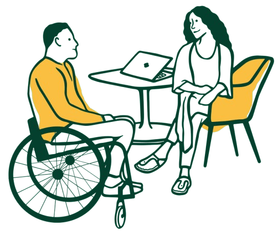 Two people chatting by a laptop